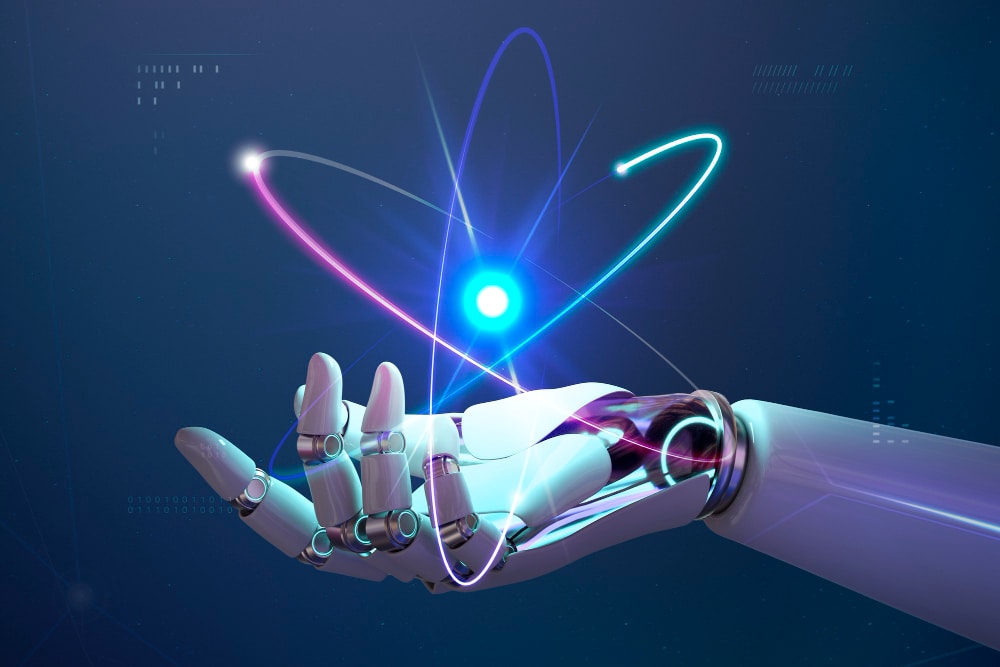 Futuristic robotic hand interacting with glowing digital orbits, symbolizing the cutting-edge technology behind Midjourney alternatives for AI-generated images.