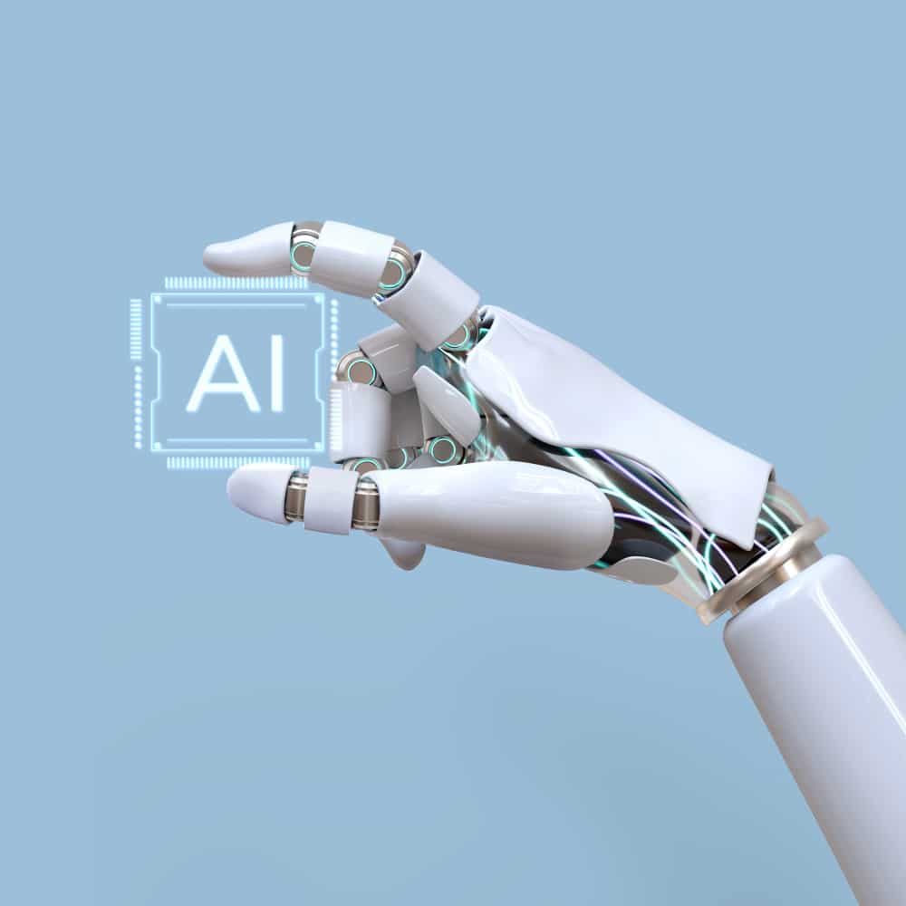 Ilustración de un cerebro digital con la palabra AI sostenido por manos robóticas, simbolizando cómo usar DALL-E para crear imágenes con inteligencia artificial.